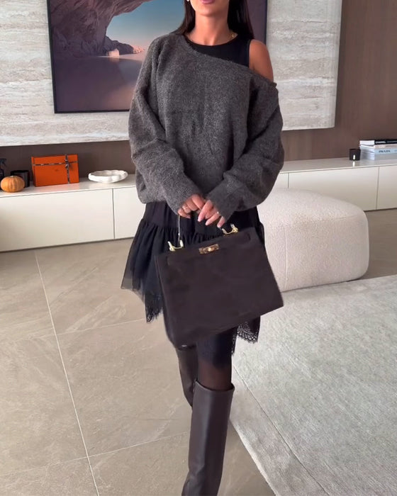 Off-Shoulder Loose Sweater & Lace Hem Dress