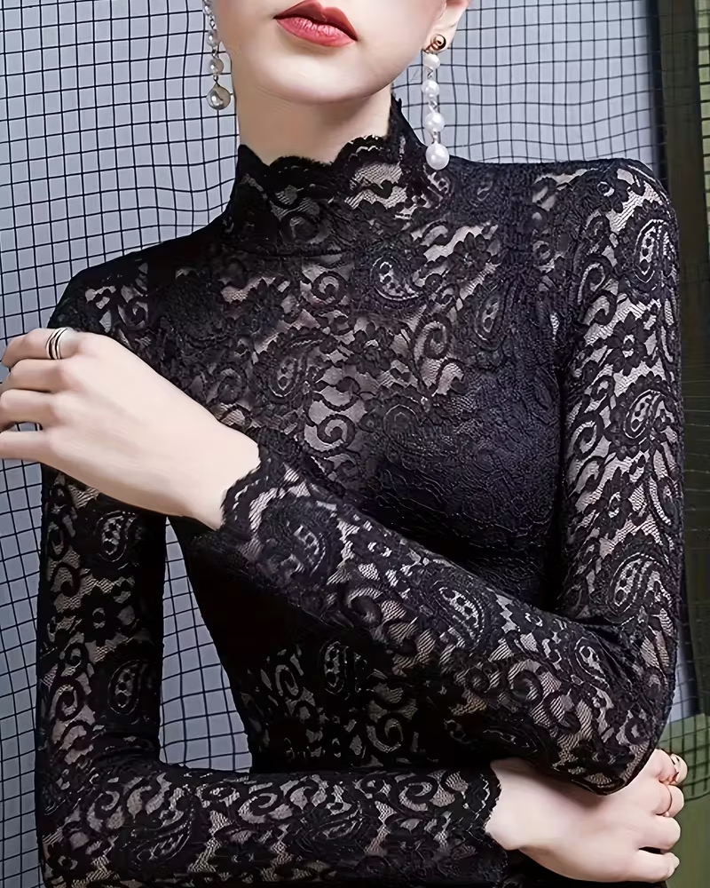 Elegant Solid Half Neckline Long Sleeve Lace Top