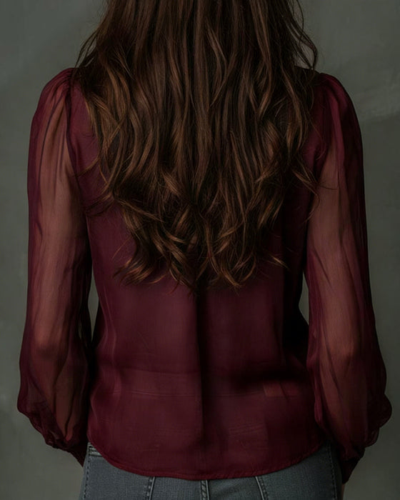 Half-Zip Mesh Long-Sleeve Blouse