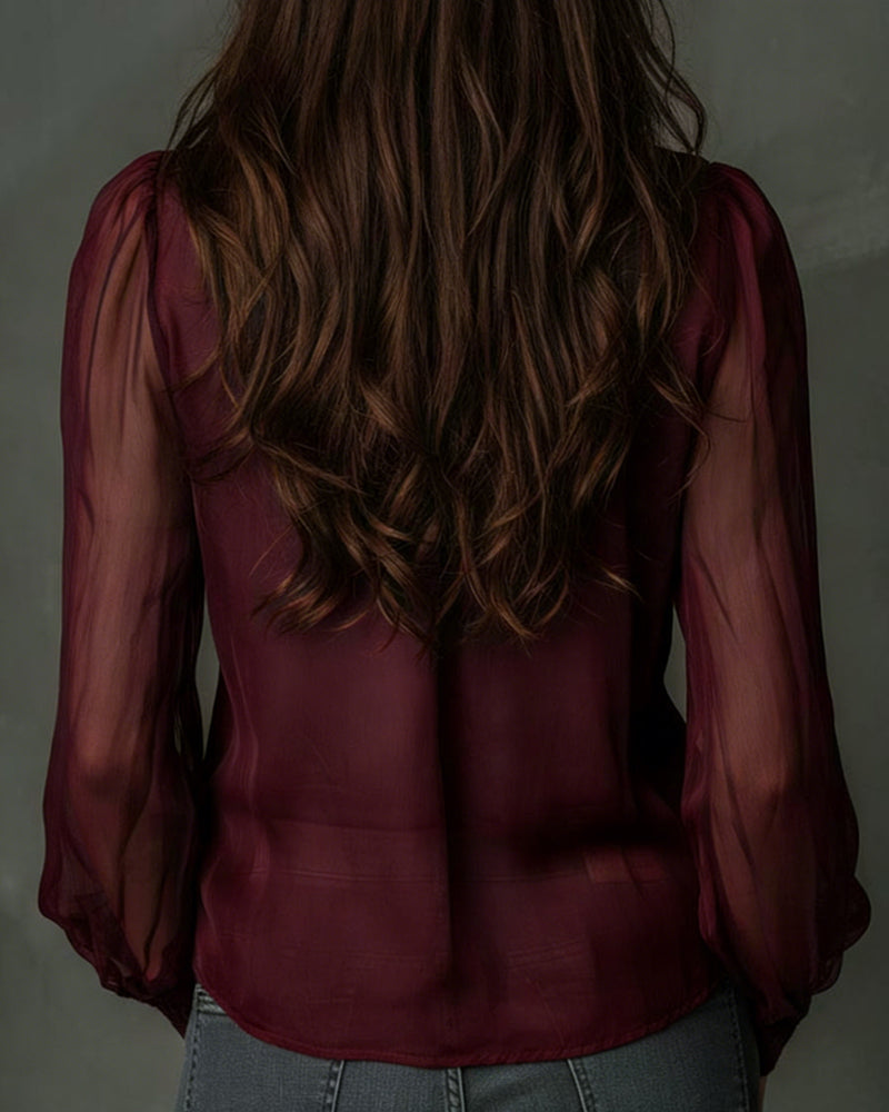 Half-Zip Mesh Long-Sleeve Blouse