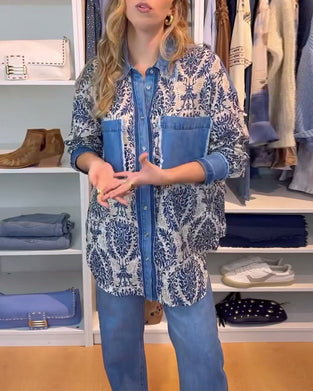 Lapel button print casual shirt