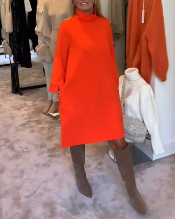 Solid color high collar casual dress