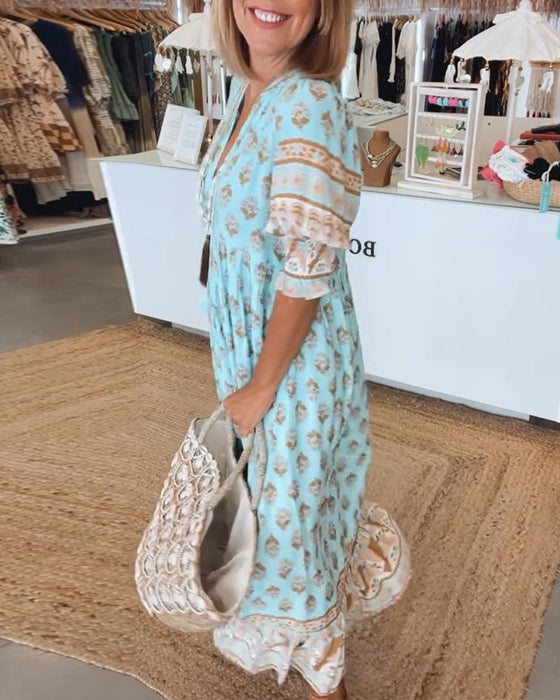 Casual printed V-neck half-sleeve dress