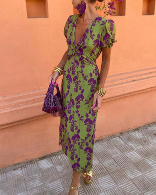 Elegant Leaf Print Deep V Puff Sleeve A-Line Dress