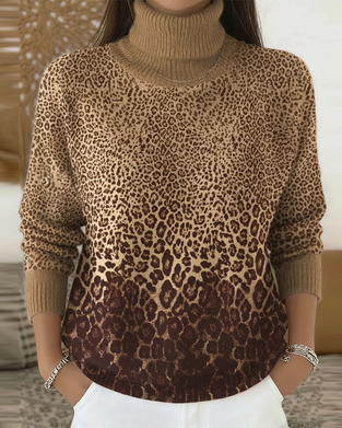 Leopard Print Casual High-Neck Pullover