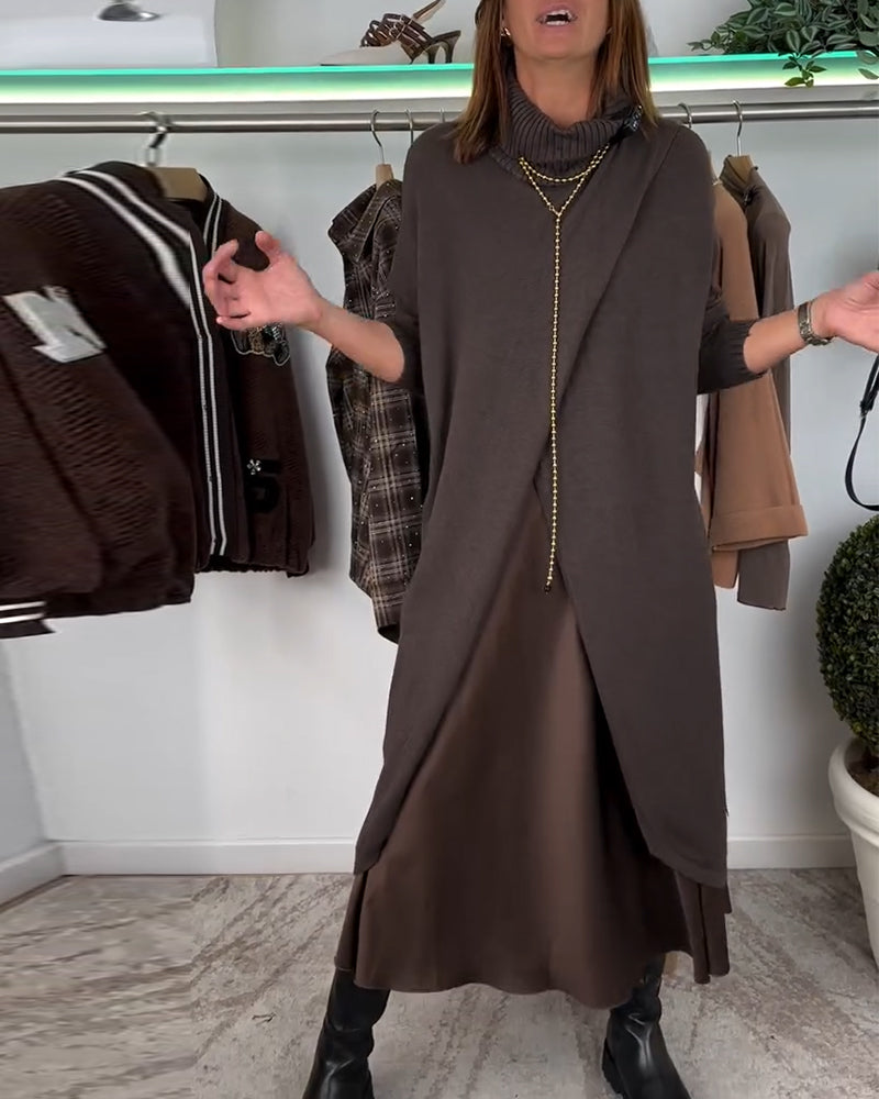 Fashion solid color high collar slit pullover