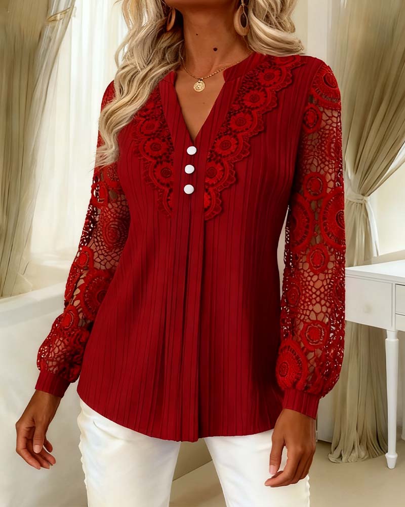 Lace Paneled Long-Sleeved V-Neck Blouse