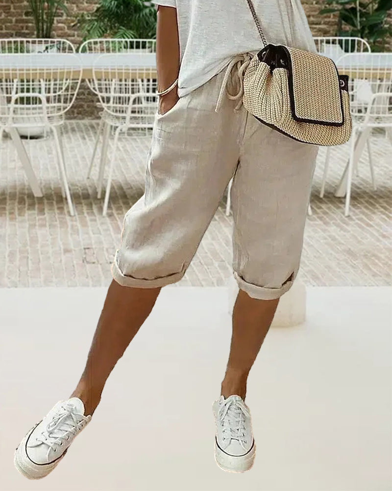 Solid color drawstring comfortable trousers