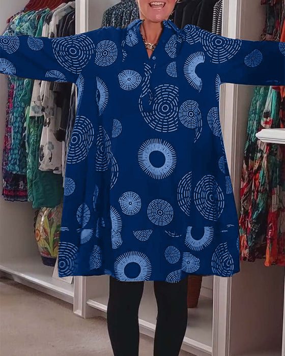 Geometric print lapel casual dress