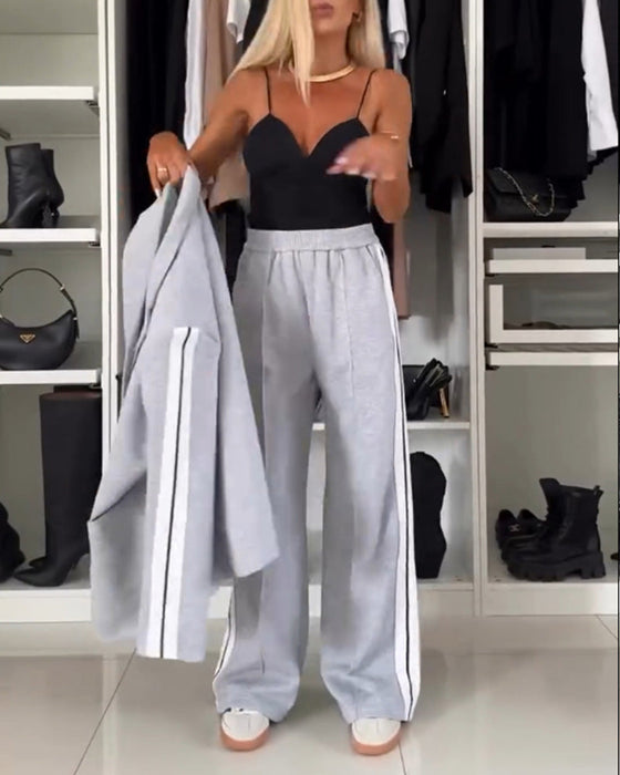 Fashion solid color lapel coat straight pants set