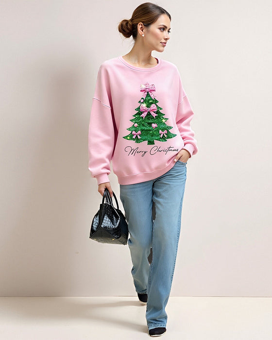 Crew Neck Christmas Long Sleeve Print Sweatshirt