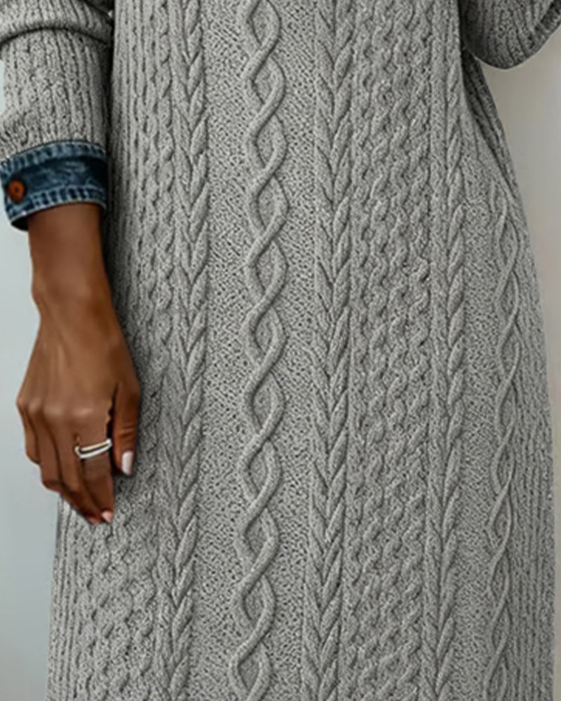 Denim cable knit patchwork collared dress