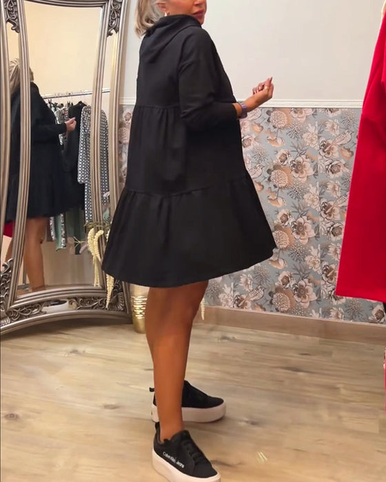 Solid color casual drawstring hooded dress