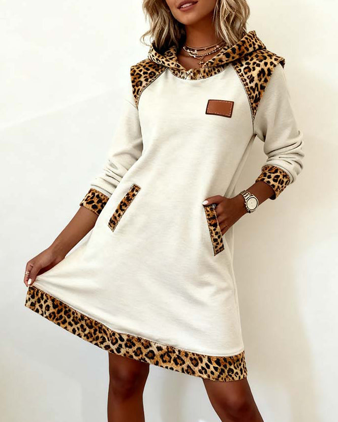 Casual Hooded Leopard-Panel Dress