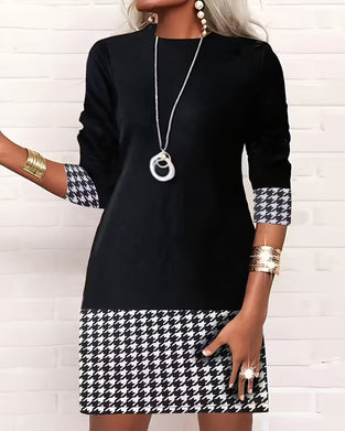 Houndstooth Paneled Long-Sleeved Dress