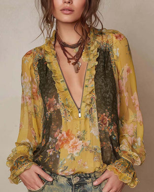 Half-Zip Floral Print Blouse