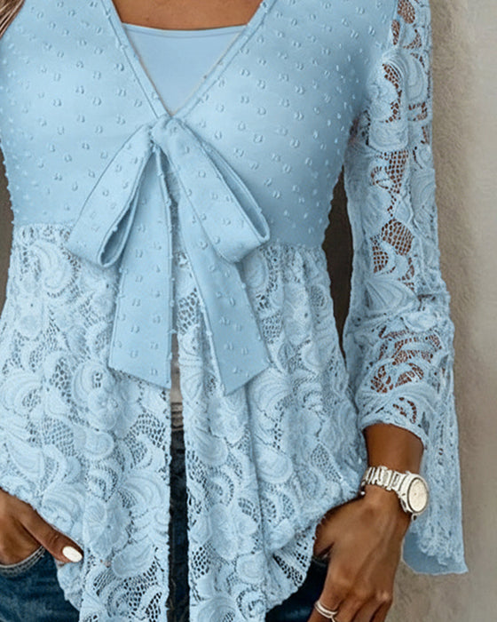 Solid Color Bell Sleeve V-Neck Blouse