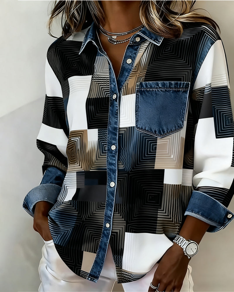 Color Block Fashionable Lapel Shirt