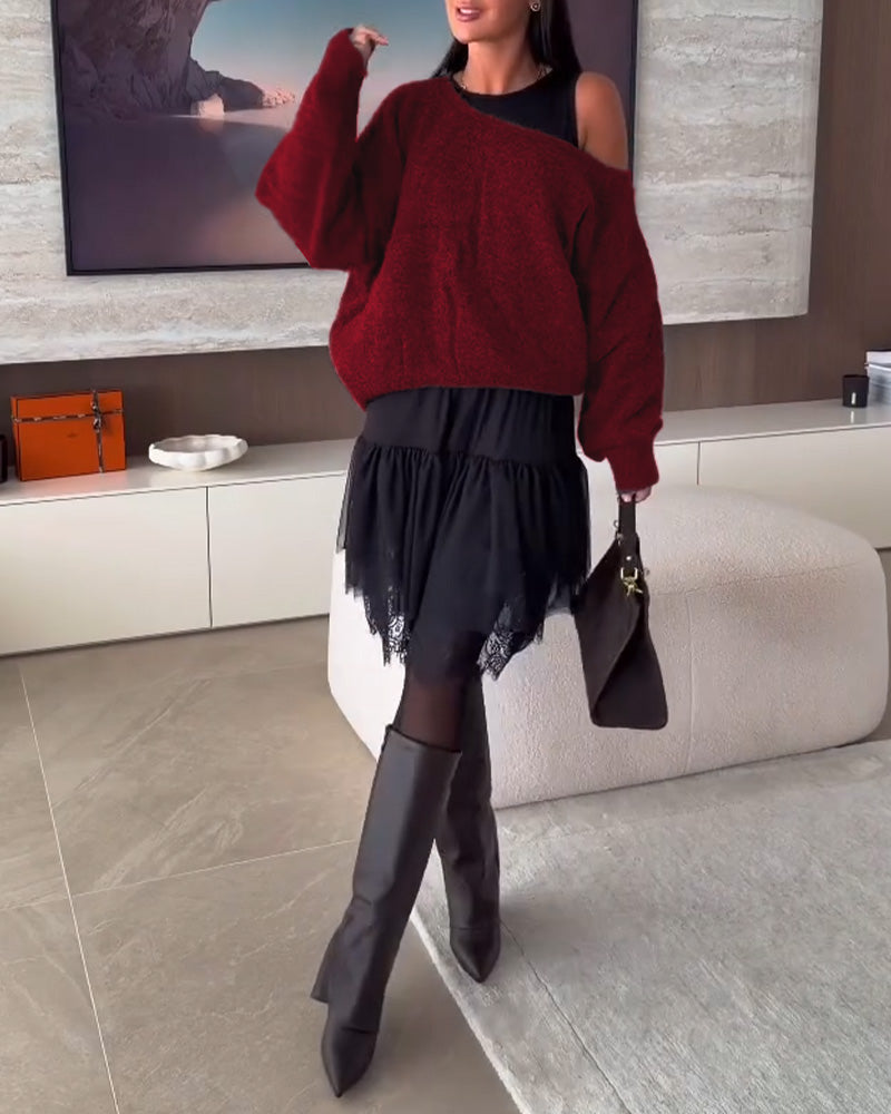 Off-Shoulder Loose Sweater & Lace Hem Dress