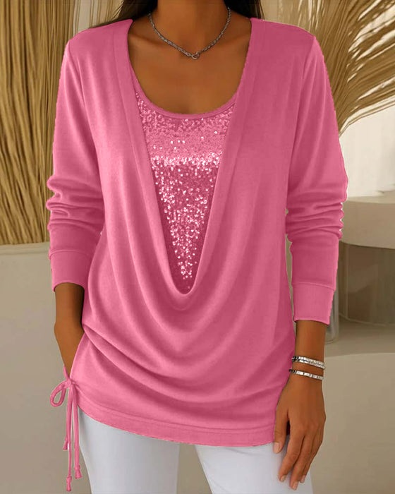 Sequin Contrast Color Faux Two-Piece Top
