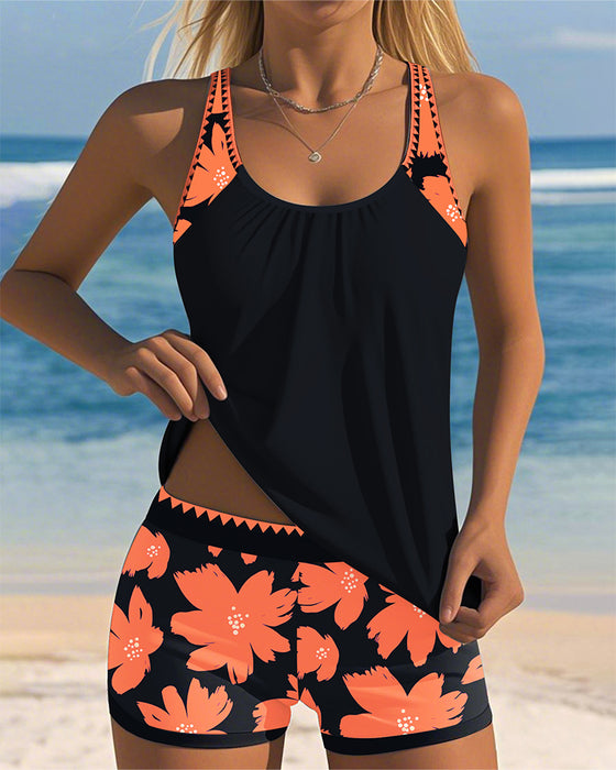 U-Neck Sleeveless Printed Boxer Tankini