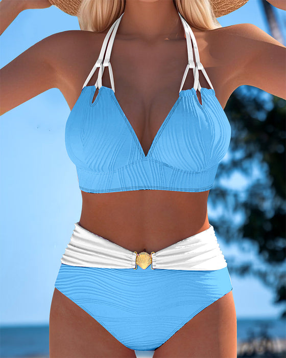 Double Strap High Waist Contrast Color Swimsuit