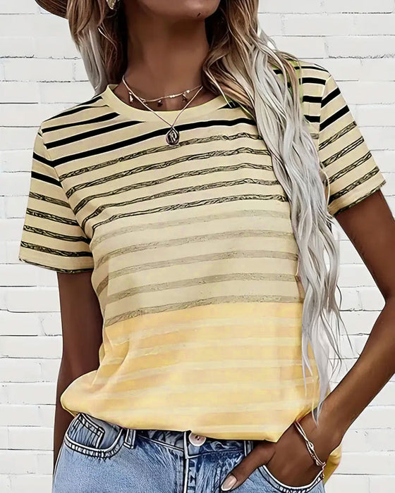 Round Neck Short Sleeve Striped T-Shirt