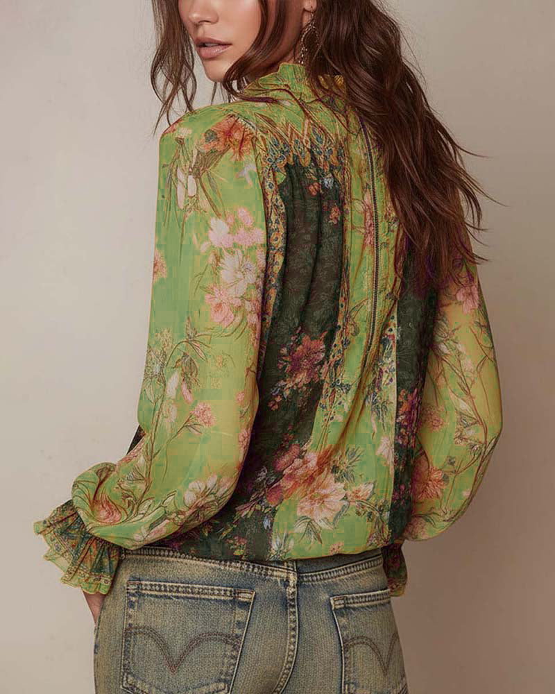 Half-Zip Floral Print Blouse