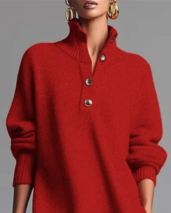 Solid Color Button High Neck Dress