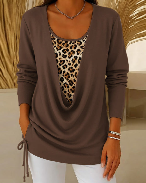 Fake Two-Piece Lace-Up Leopard Print T-Shirt