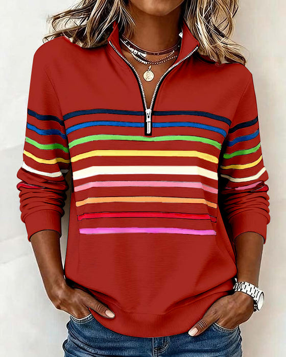 Half-Zip Collar Fashionable Rainbow Striped Sweatshirt
