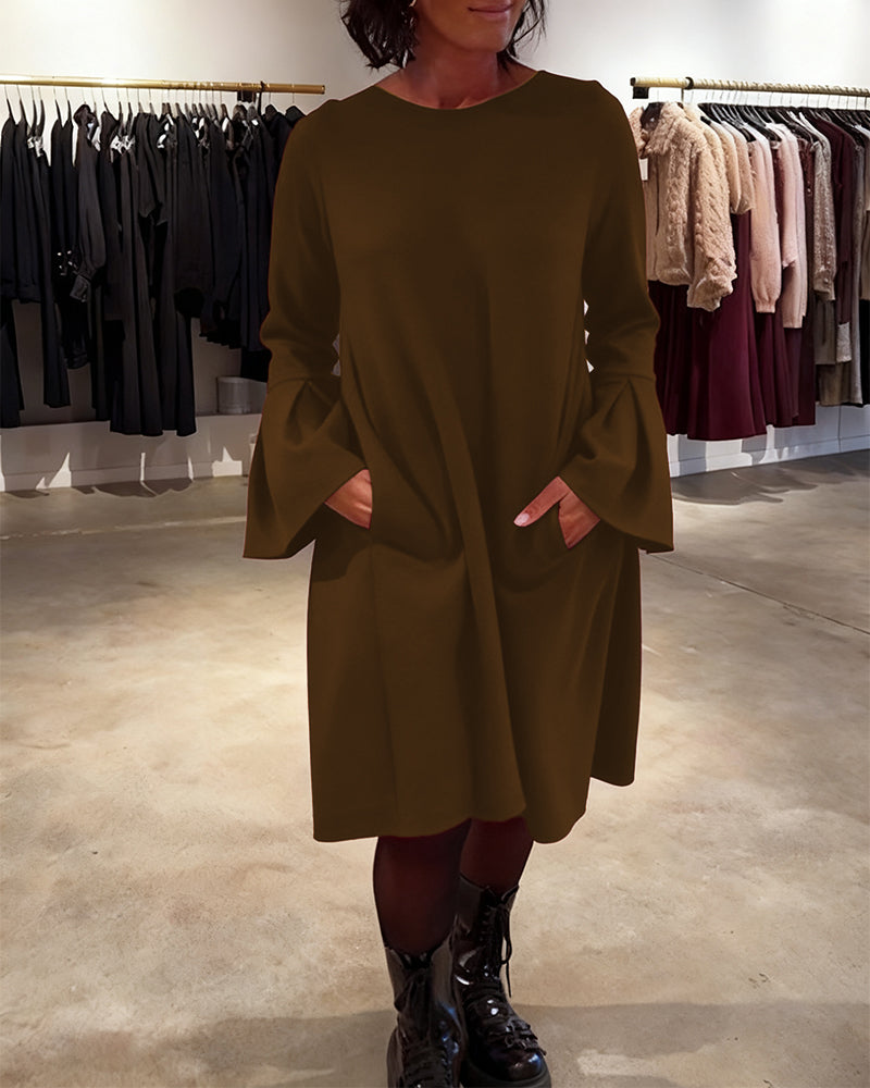 Solid Flare Sleeve Shirred Dress