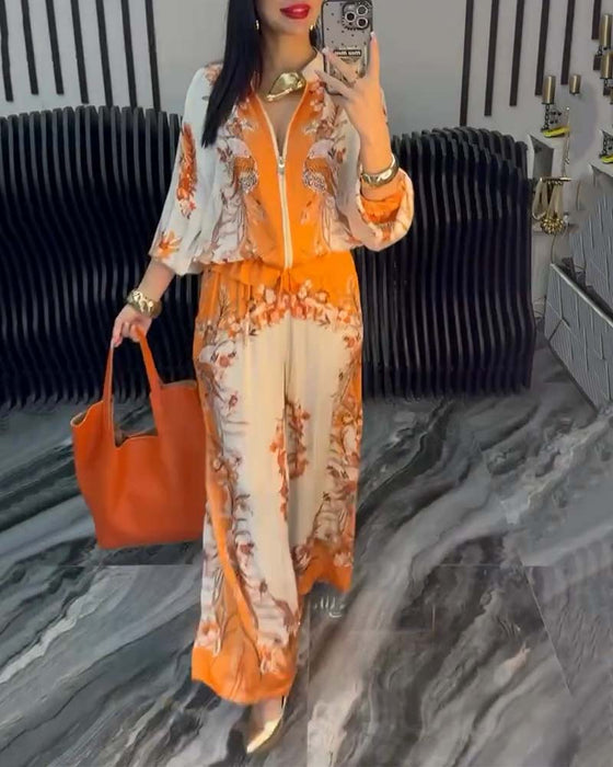 Temperament Stand Collar Zipper Wide Leg Suit