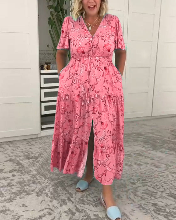 Short-sleeved pocket printed dress