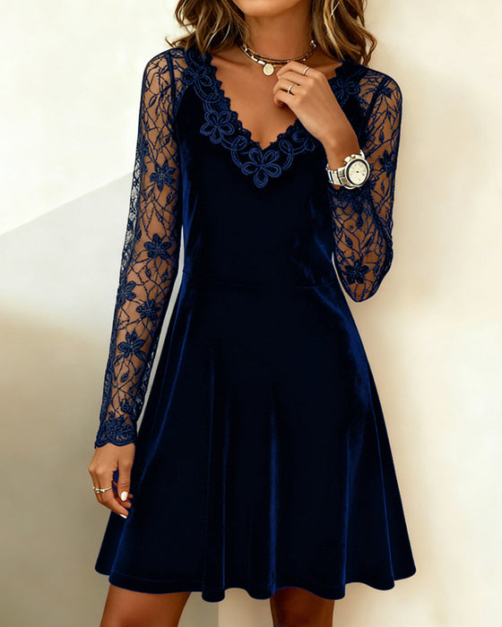 Lace-Trimmed Velvet A-Line Dress
