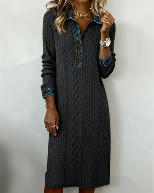 Denim cable knit patchwork collared dress
