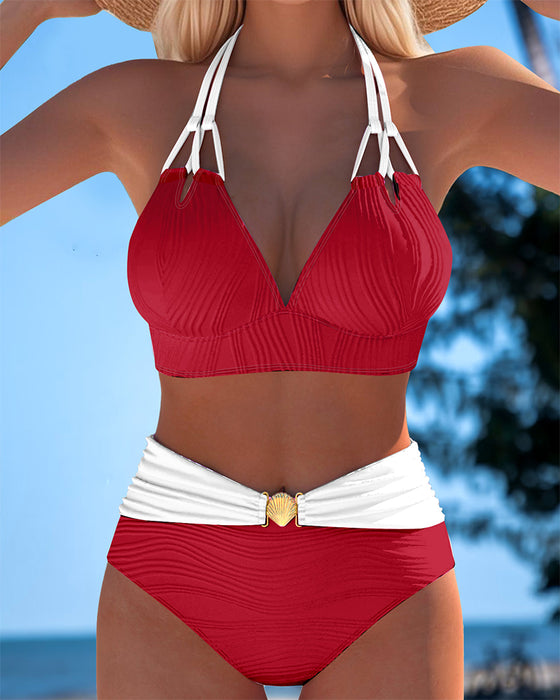 Double Strap High Waist Contrast Color Swimsuit