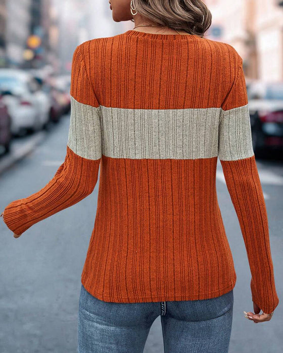 Casual color block printed round neck top