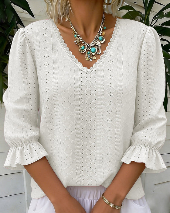 Elegant V-Neck Lace Cut-Out T-Shirt