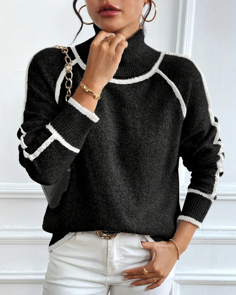 High collar contrast color simple pullover sweater