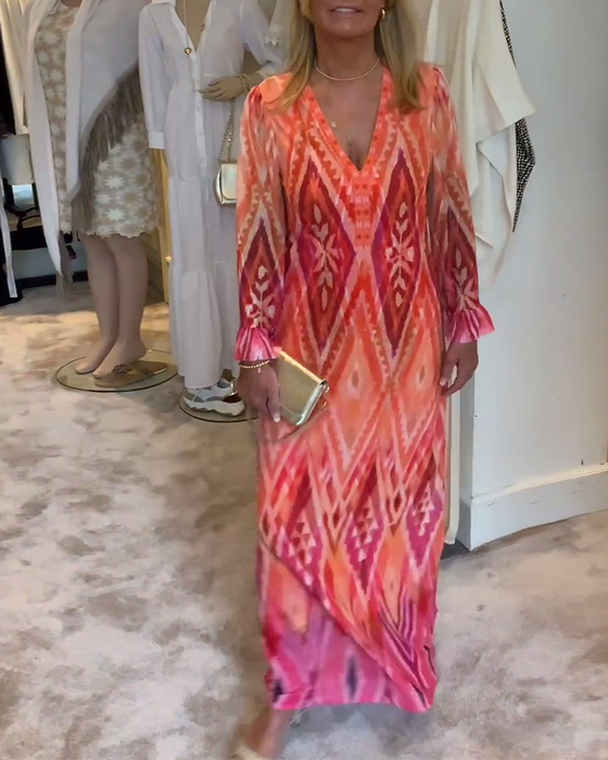 Retro geometric print deep v long sleeve dress