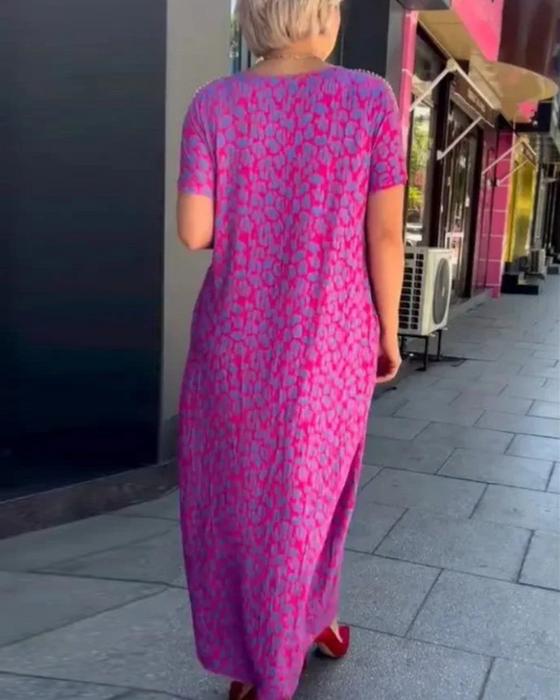 Temperament Short-Sleeved Drape Print Dress