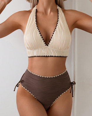Halter Neck Contrast Color Bikini Two-Piece Set