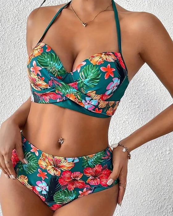 Casual Floral Print Shorts Three-Piece Swimsuit