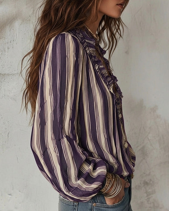 Deep V Vertical Striped Loose Blouse
