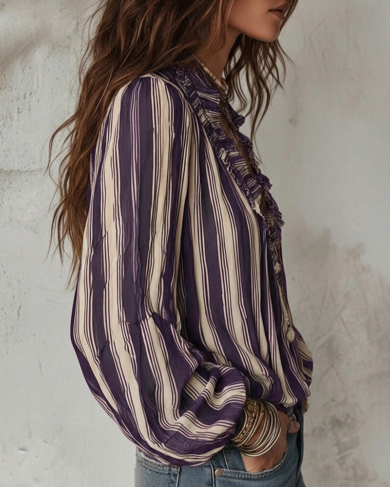 Deep V Vertical Striped Loose Blouse