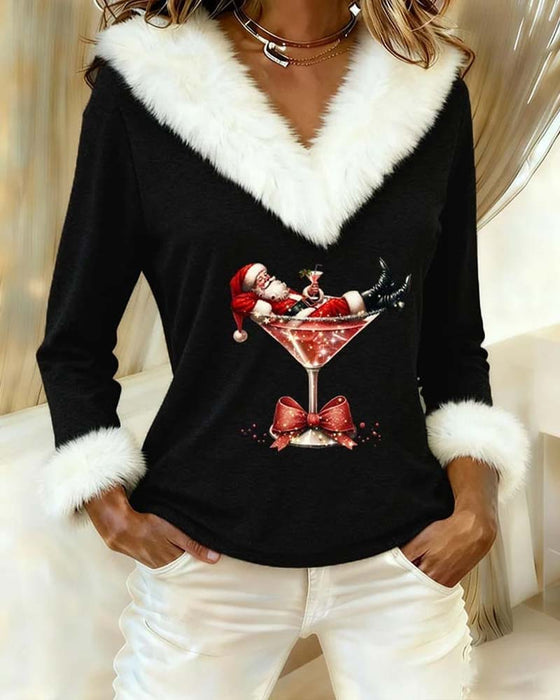 Plush Christmas Print Long Sleeve Top