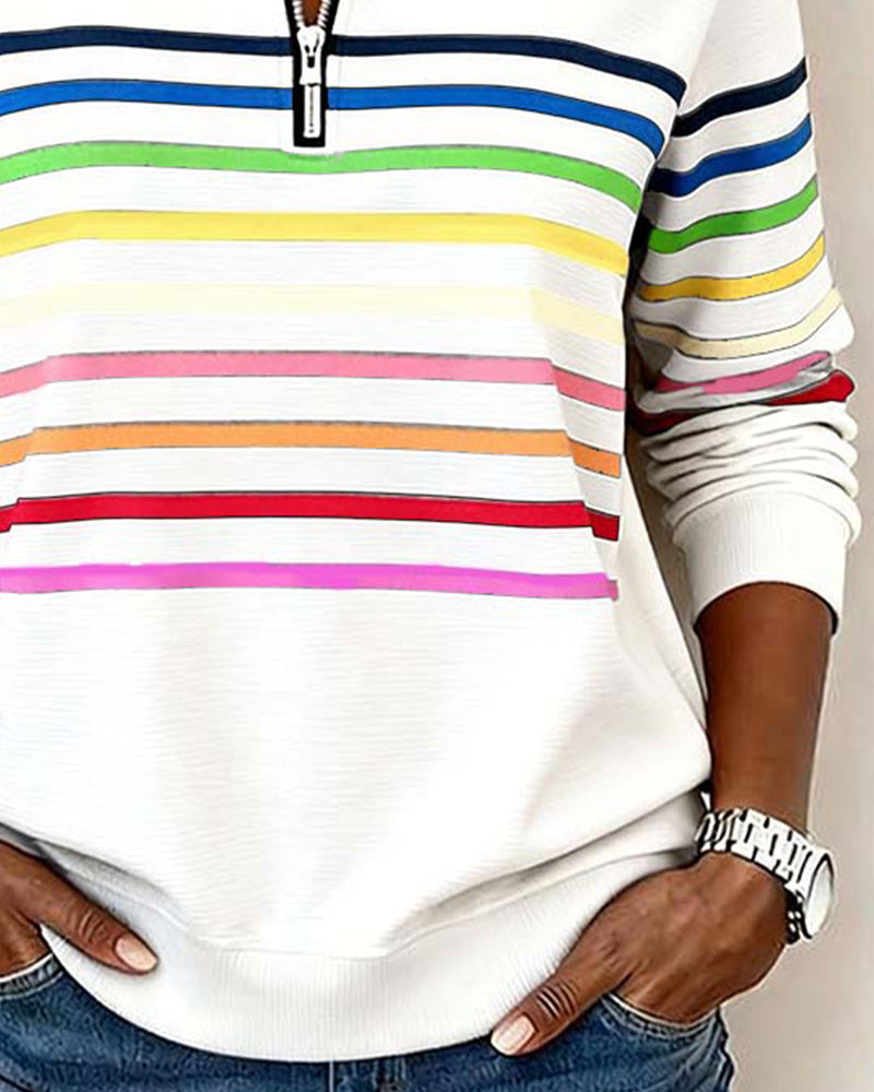 Half-Zip Collar Fashionable Rainbow Striped Sweatshirt