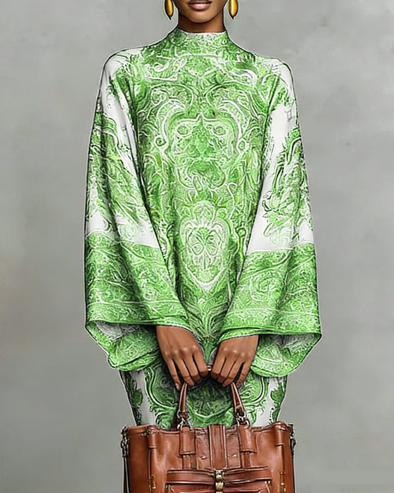 High-Neck Vintage Print Dress