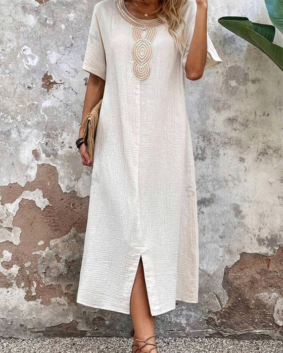 Solid color round neck slit dress